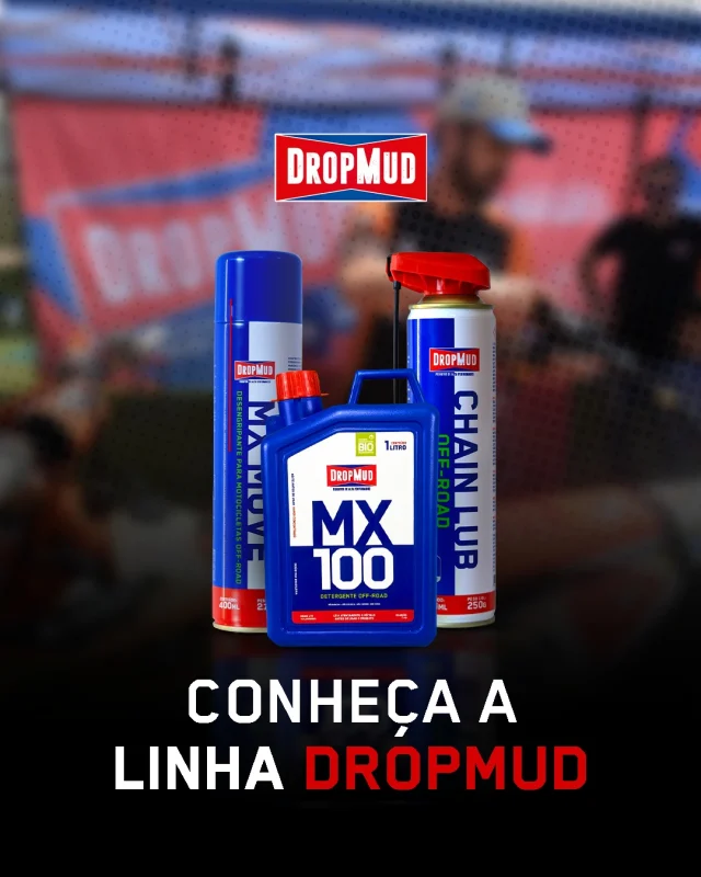 Limpeza, proteção e manutenção fazem parte da preparação de toda moto off-road.

A linha DropMud foi desenvolvida para atender diferentes necessidades da rotina de pilotos e entusiastas, oferecendo soluções específicas para cada etapa do cuidado com a moto.

Do poder de limpeza do MX100 à proteção do Chain Lub e à versatilidade do MX Move, cada produto foi criado para entregar eficiência, praticidade e confiança em condições reais de uso.

Ficou com alguma dúvida? Deixe seu comentário ou envie uma mensagem para nossa equipe.

#dropmud #moto #offroad  #duasrodas